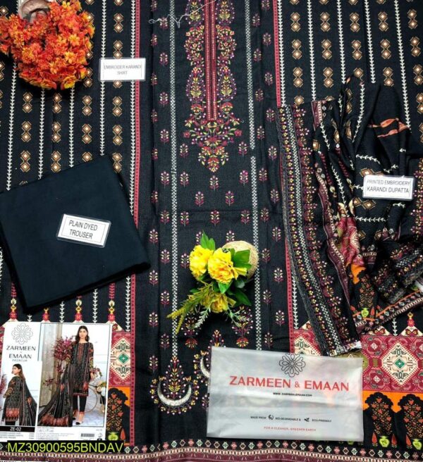 3 Pcs women's unstitched Karandi printed suit - Image 2