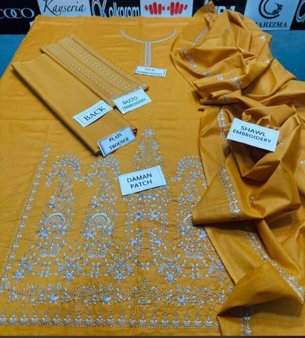 3 Pcs women's unstitched Embroidered suit - Image 3