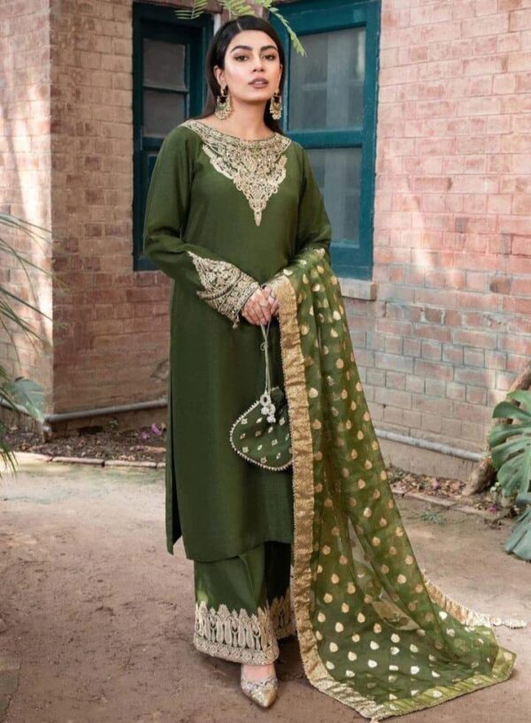 Elegant Green silk suit with patch work 3 Pcs set