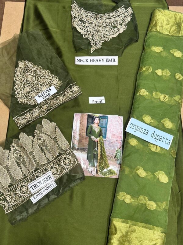 Elegant Green silk suit with patch work 3 Pcs set - Image 2