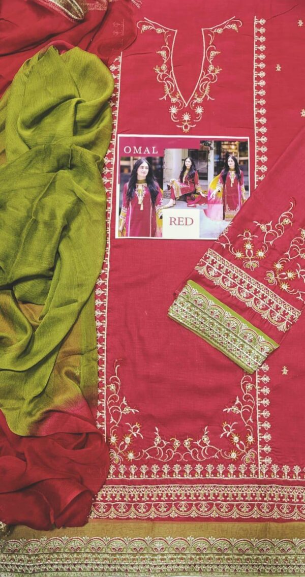 3 Pcs women's unstitched Embroidered suit - Image 3