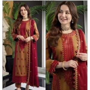 3 Pcs women's unstitched swiss Lawn Embroidered suit Brown