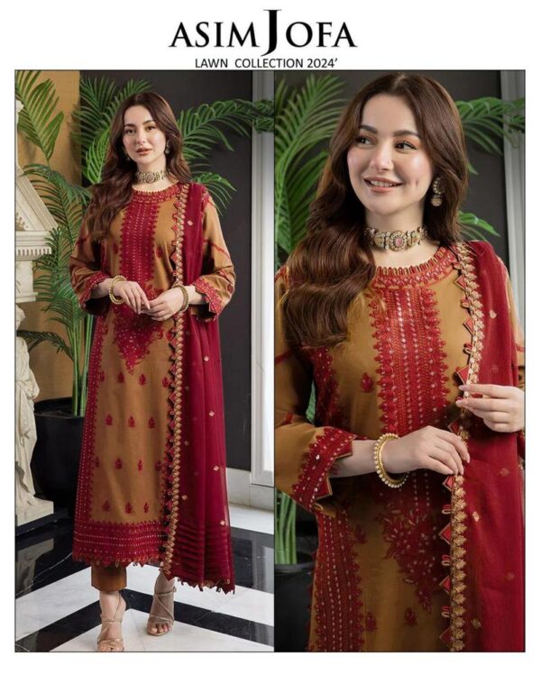 3 Pcs women's unstitched swiss Lawn Embroidered suit Brown