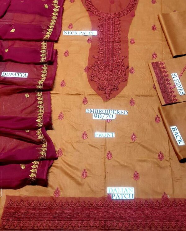 3 Pcs women's unstitched swiss Lawn Embroidered suit Brown - Image 2