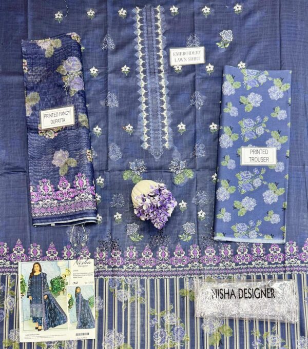3 Pcs women's unstitched Embroidered suit - Image 3