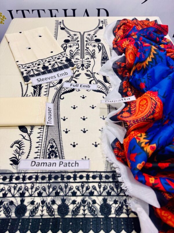 3 Pcs women's unstitched Embroidered suit - Image 2