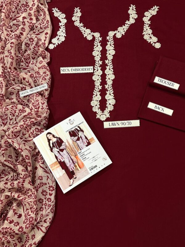 3 Pcs women's unstitched Embroidered suit - Image 3