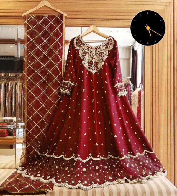 3 PCs Women Stitched Shamoz Silk Embroidered Maxi