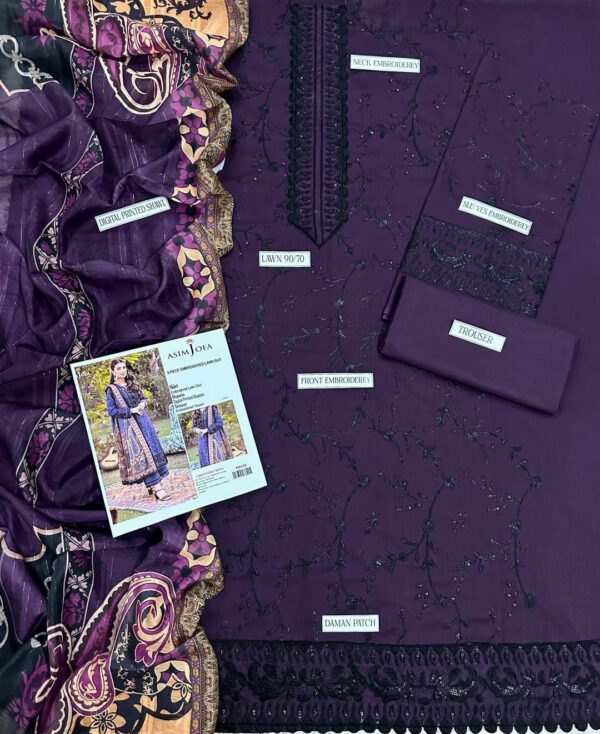 3 PCs Women's Unstitched Embroidered Suit - Image 2