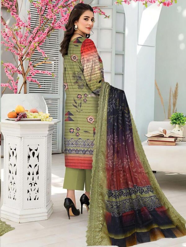 3 PCs Women's Unstitched Lawn Embroidered suit - Image 2