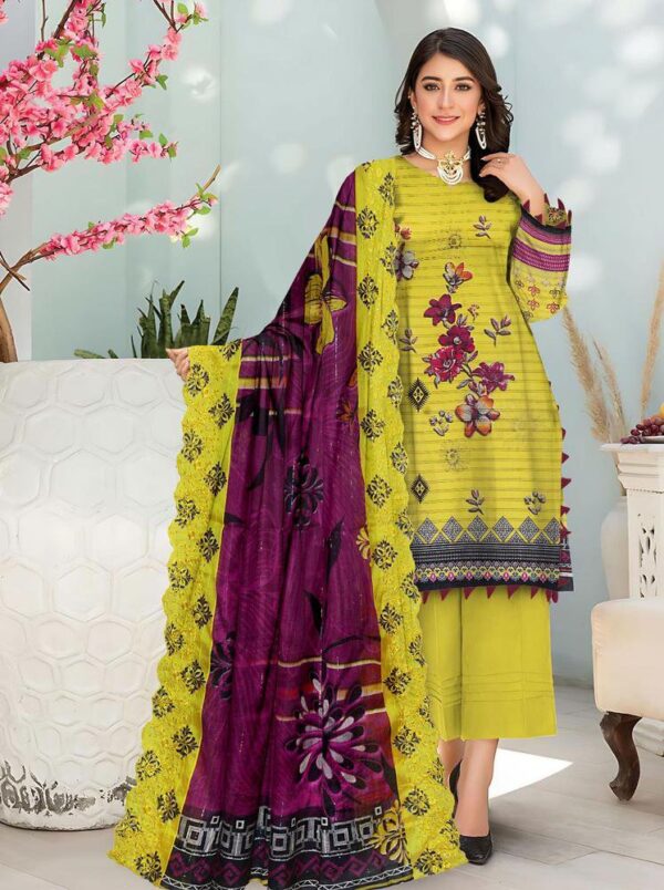 3 Pcs Women's Unstitched Lawn Embroidered Suit - Image 2