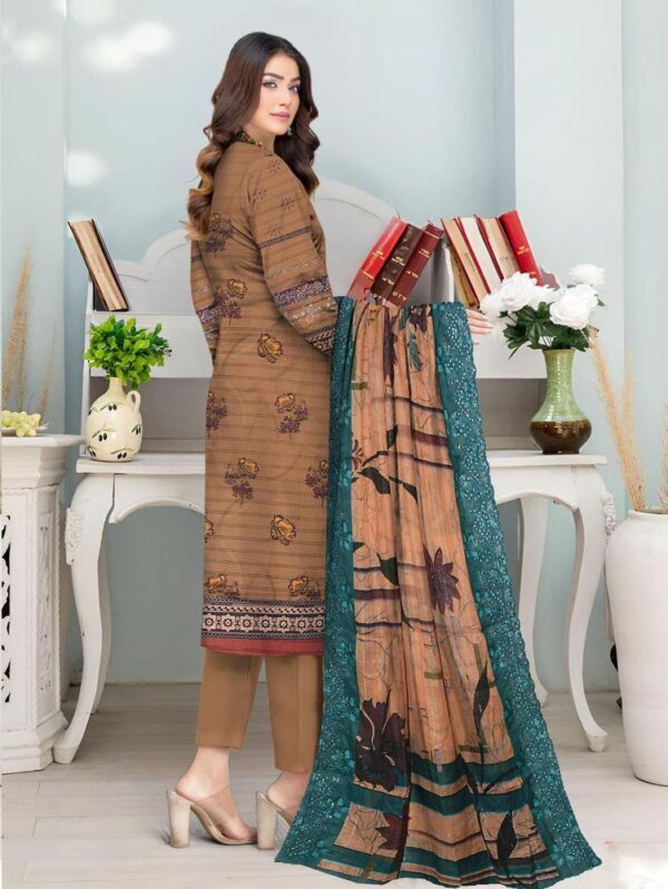 3 PCs Women's Unstitched Lawn Embroidered Suit - Image 2