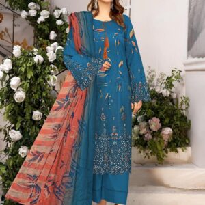 Elegant Blue Linen Embroidered Suit With Chikankari Sleeves & Embellished Dupatta