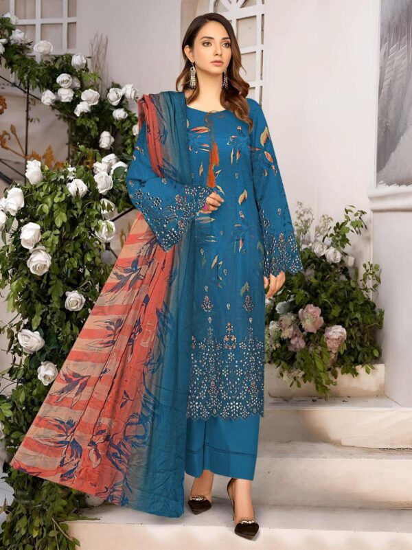 Elegant Blue Linen Embroidered Suit With Chikankari Sleeves & Embellished Dupatta