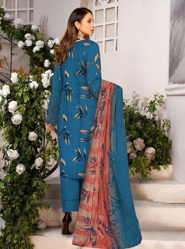Elegant Blue Linen Embroidered Suit With Chikankari Sleeves & Embellished Dupatta - Image 2