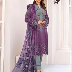 Elegant Grey & Purple Embroidered Linen Suit Set  With Chikankari And Cut work