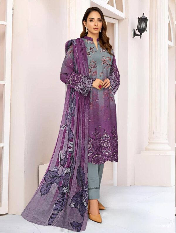 Elegant Grey & Purple Embroidered Linen Suit Set  With Chikankari And Cut work
