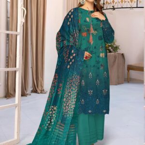 Elegant Turquoise Embroidered Linen Suit With Chikankari Sleeve's