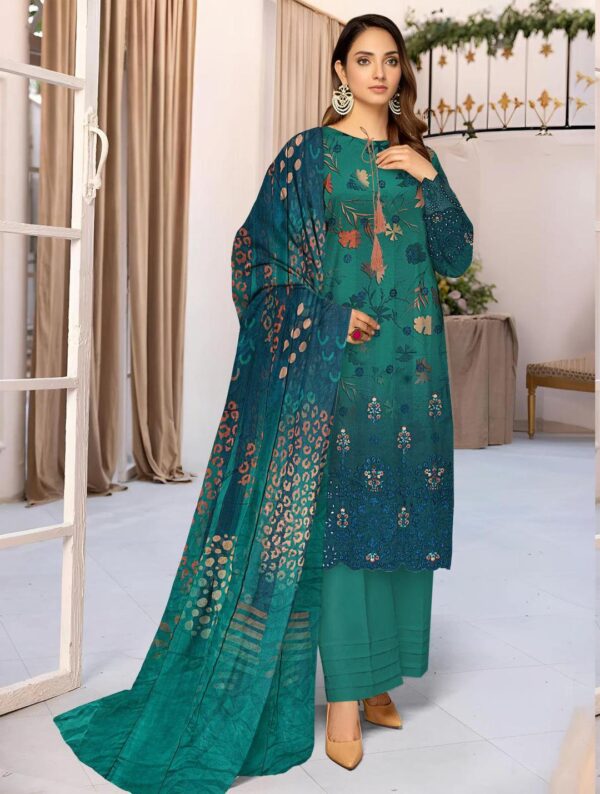 Elegant Turquoise Embroidered Linen Suit With Chikankari Sleeve's