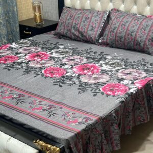 3 PCs Cotton Salonica Printed King Size Double Bedsheet