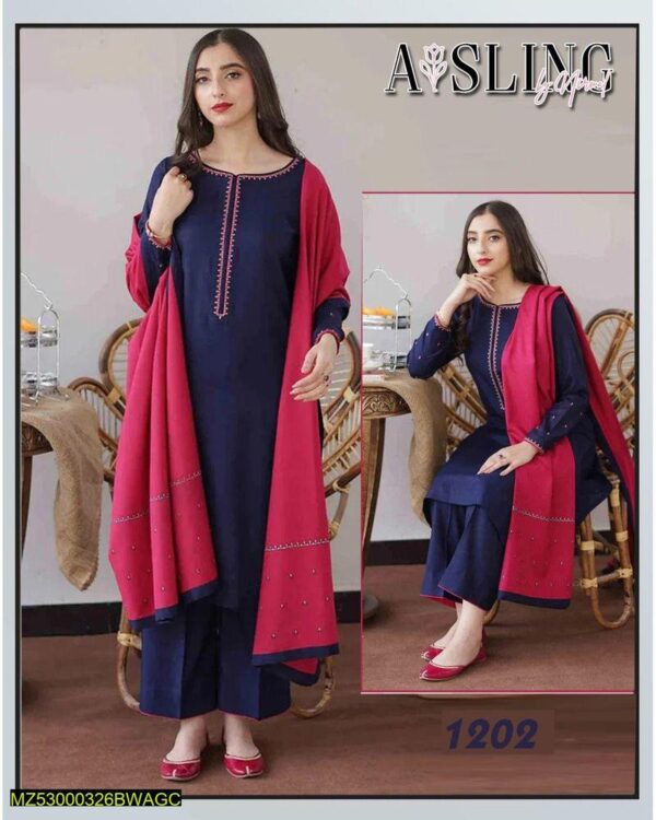 3PCs Women Unstitched Dhanak Embroidered Suit