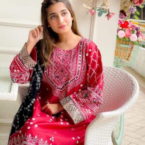 3 PCs Women's Stitched Linen 3-D block Printed Suit