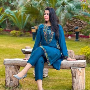 2 PCs Women's Stitched Linen Embroidered shirt & Trouser
