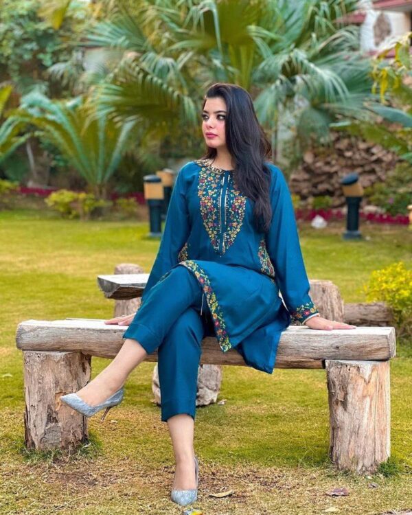 2 PCs Women's Stitched Linen Embroidered shirt & Trouser