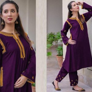 2 PCs Women's Stitched Linen Embroidered Shirt & Trouser