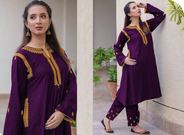 2 PCs Women's Stitched Linen Embroidered Shirt & Trouser