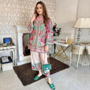 2 PCs Women's Stitched Khaddar Printed Shirt & Trouser Set