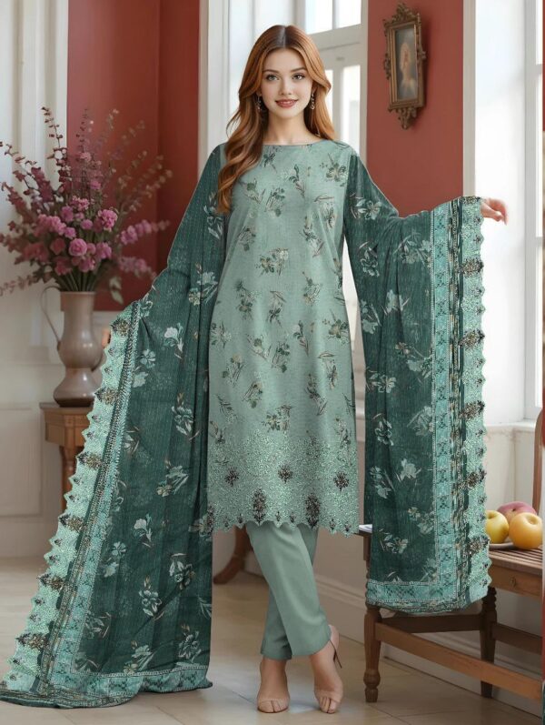 3 PCs Women's UnStitched Printed Embroidered Suit