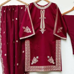 3pcs Women's Stitched Shamoz Silk Embroidered Shirt & Trouser