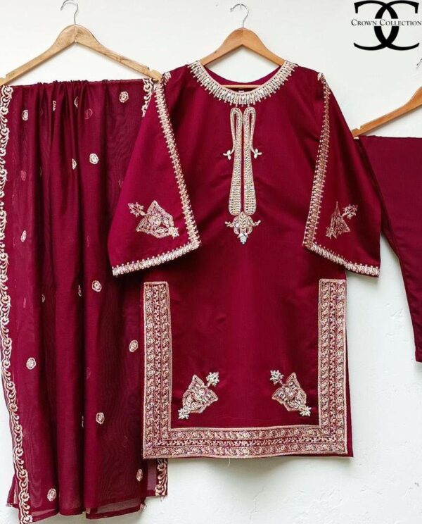 3pcs Women's Stitched Shamoz Silk Embroidered Shirt & Trouser