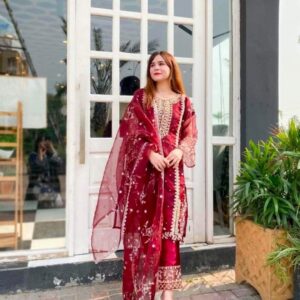 3 PCs Women's stitched Embroidered Organza Suit Set