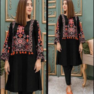 2 PCs Women's stitched Linen Embroidered Shirt & Trouser