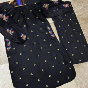 2 PCs Women's stitched Linen Embroidered Shirt & Trouser