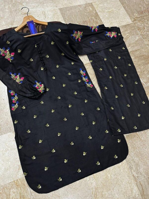 2 PCs Women's stitched Linen Embroidered Shirt & Trouser
