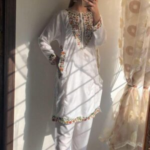 2 PCs Women's stitched Cotton Embroidered Shirt &  Trouser