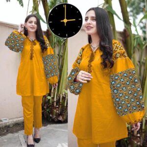 2 PCs Women's stitched Embroidered Linen Shirt & Trouser