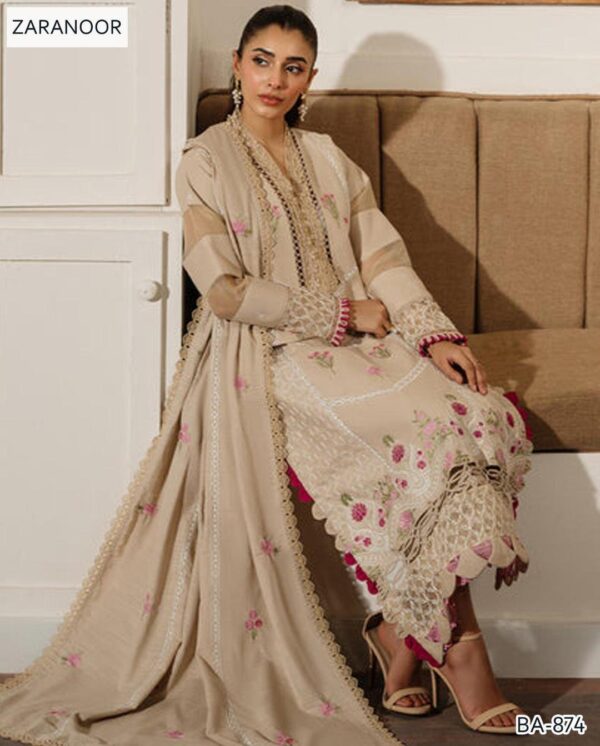 Beige Embroidered Suit-Set 3 PCs with lawn shirt & Trouser